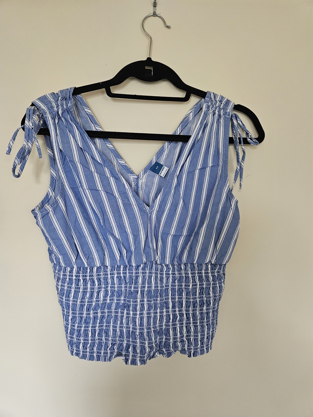 Old Navy Blue and White Striped Tie-Shoulder Smocked Tank
